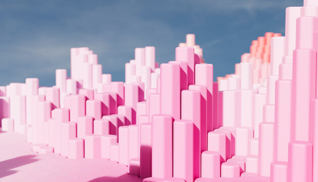 Pink hexagonal pillars form a modern skyline against a blue sky