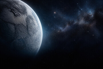 Fototapeta premium A large, illuminated planet hangs in the dark expanse of space next to a vibrant galaxy.