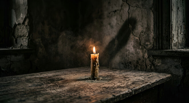 Single Burning Candle on Wooden Table in Dark Spooky Abandoned Room