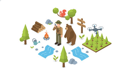 Fototapeta premium Isometric forest assets set featuring a park ranger, a bear, a campfire, trees, a stream, and a surveillance drone.