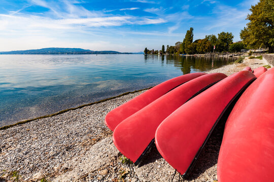 Germany, Constance district, Reichenau Island, lakeshore with Canadian canoes