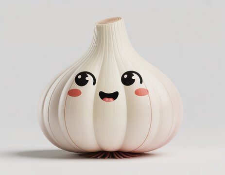 Cute cartoon garlic bulb character with happy face and big eyes isolated on white background