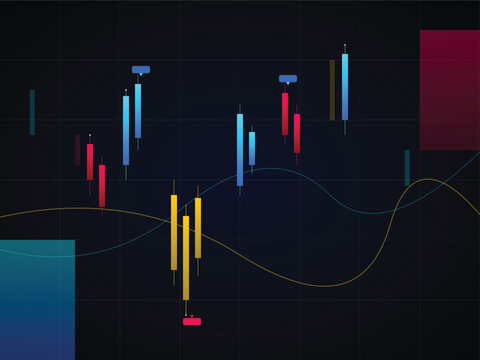 Dark financial stock market chart with colorful candlestick bars and curves