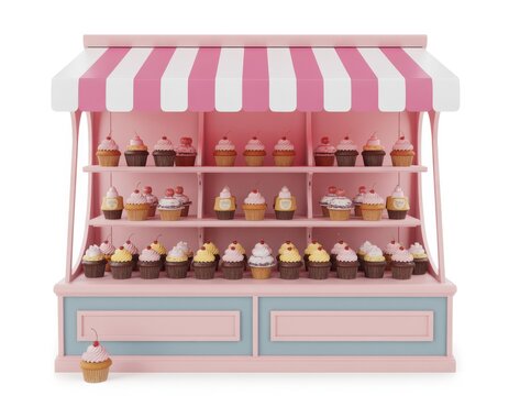Colorful cupcakes display in a cute pink dessert shop case with striped awning isolated on white background