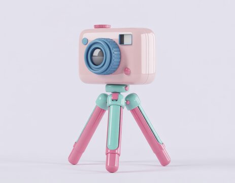 Pink toy camera on a mini tripod with blue lens isolated on white background