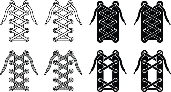 Shoe Lacing Icon Set with Different Cross Tie Methods in Linear Outline and Solid Silhouette Symbols for Sneaker Footwear Care Apps, Sports Footwear Stores, and Clothing Graphic Designs