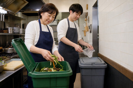 Japanese Restaurant Staff Sort Food Scraps for Compost