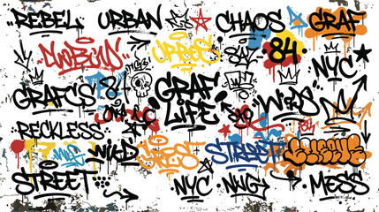 Obraz premium Colorful Graffiti Tagging and Street Art Vector Element Set with Spray Painted Words Grunge Typographic Slogans Crowns and Urban Texture