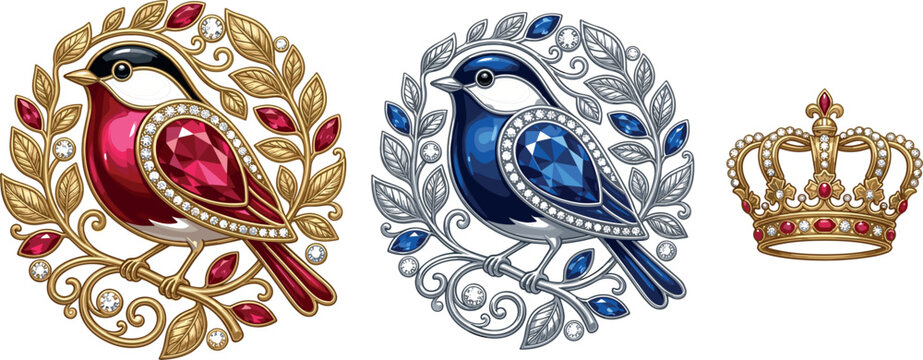 Luxury Jeweled Bird Brooch Vector Set with Ruby Red and Sapphire Blue Gemstone Details Gold Laurel Wreath and Royal Crown Ornaments