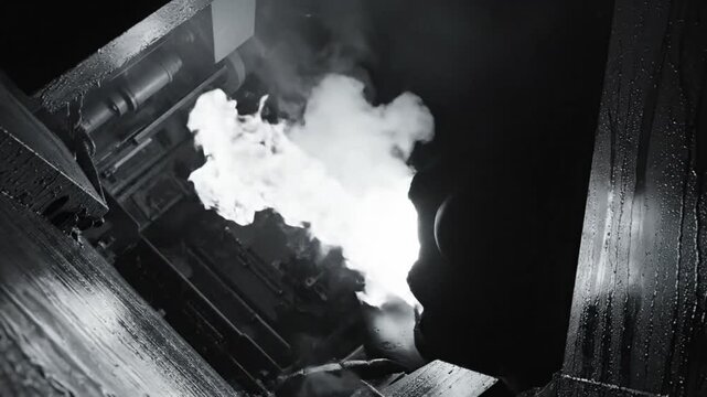 Dramatic black and white close-up shot of a steam-releasing machine with shadowy figures and a mysterious atmosphere