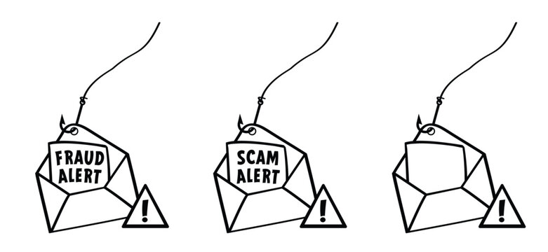 Fraud alert, hacker alert and scam alert. Attention sign. Cyber security icon. Caution warning concept. E-mail phishing, data protection on mail or internet.