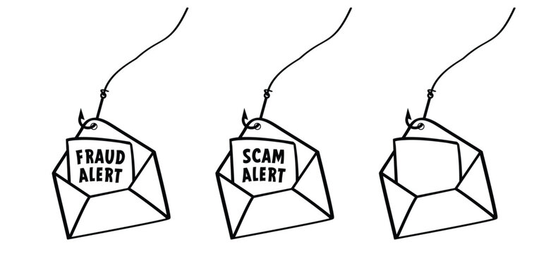Fraud alert, hacker alert and scam alert. Attention sign. Cyber security icon. Caution warning concept. E-mail phishing, data protection on mail or internet.