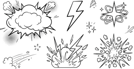 Comic Book Explosion and Blast Effects Line Icon Set Featuring Pop Art Speech Bubble Lightning Bolt Sparkles and Retro Crash Vector Graphics © Rofiqul