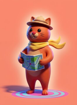 Cute 3D cartoon explorer cat holding a city map, wearing a safari hat and a yellow scarf on a coral background, playful travel planning mascot for tourism, navigation, and adventure concepts