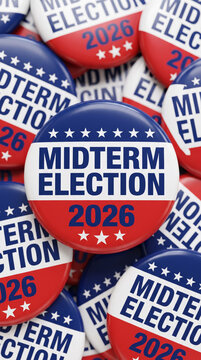 Midterm election 2026 usa campaign button badge patriot red white blue vote backdrop. us united america vote ballot 2026. government politic democracy candidate, patriotic banner