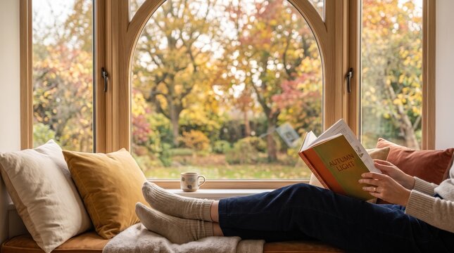 Cozy autumn reading relaxation, woman sitting comfortably on window seat holding book titled Autumn Light, wearing warm knitted socks and sweater, enjoying hot coffee mug