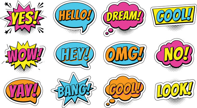 Comic Speech Bubble Vector Sticker Set with Colorful Pop Art Text Expressions Explosions Clouds Halftone Shadows and Neon Slang Words for Graphic Design
