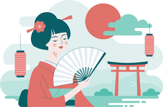 Beautiful Geisha Woman Wearing Red Kimono Holding Folding Fan with Shinto Torii Gate Red Sun Lanterns and Clouds Vector Landscape Illustration
