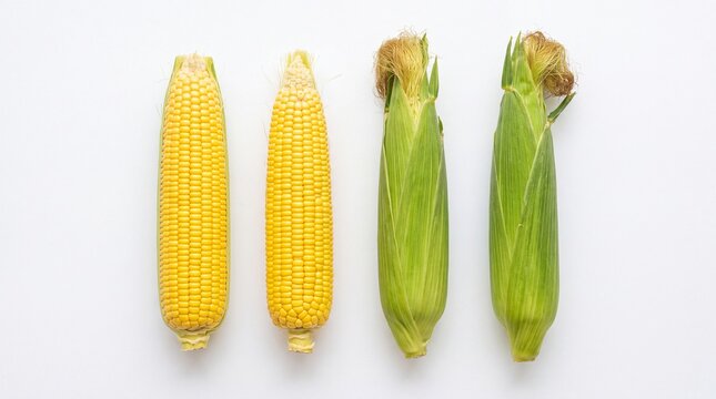 Fresh raw corn cobs showing husked and unhusked textures arranged in a neat row for culinary photography isolated on white background