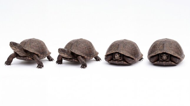 Four small box turtles walking in a row captured from a low angle studio perspective isolated on white background