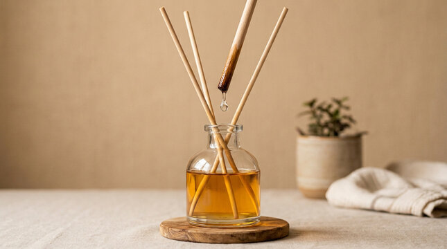 Minimalist reed diffuser bottle with essential oil and wooden sticks