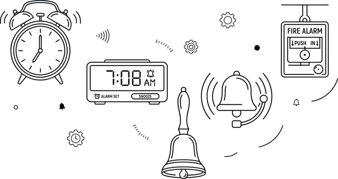 Alarm Clock and Warning Bell Line Icon Set Featuring Mechanical Twin Bell Digital Table Clock School Bell Handbell and Emergency Fire Alarm Elements