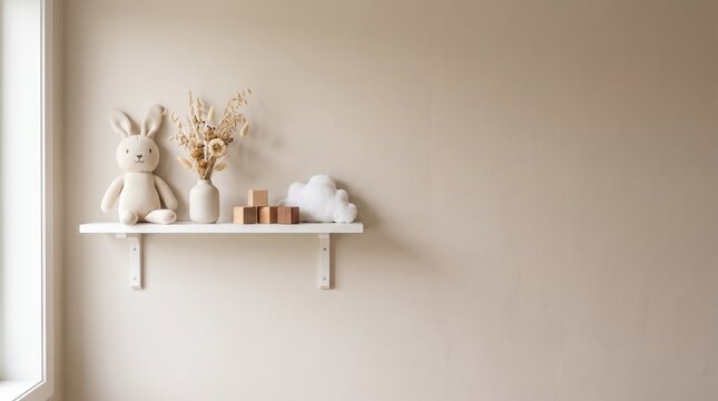 Minimalist nursery room interior with white floating shelf displaying knitted rabbit toy, dried flowers in vase, wooden blocks and cloud decor against beige wall, scandi style