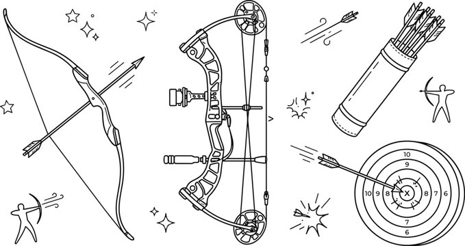 Archery Equipment and Sport Hunting Doodle Vector Set with Compound Bow Recurve Bow Arrow Target Quiver and Archer Icons Isolated on White Background