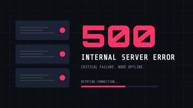 Server error, 500 internal server error message with retrying connection animation, dark background with neon lights, symbolizing website failure and technical issues.