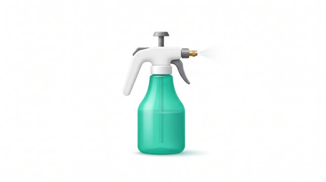 Realistic 3D vector illustration of a green garden plant sprayer with a white pump handle, isolated on white background
