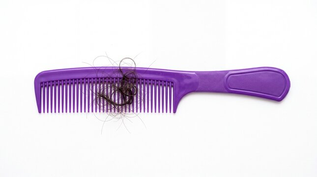 Purple plastic hair comb tangled with fallen dark human hair strands captured from a top view perspective on white background