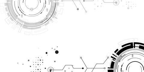 Obraz premium Abstract futuristic high technology vector background featuring circular HUD interface elements, digital circuit nodes, and ample copy space on a clean white layout.