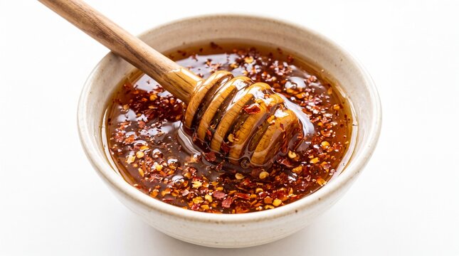 Spicy hot honey with red pepper flakes in a small ceramic bowl and wooden dipper captured on white background