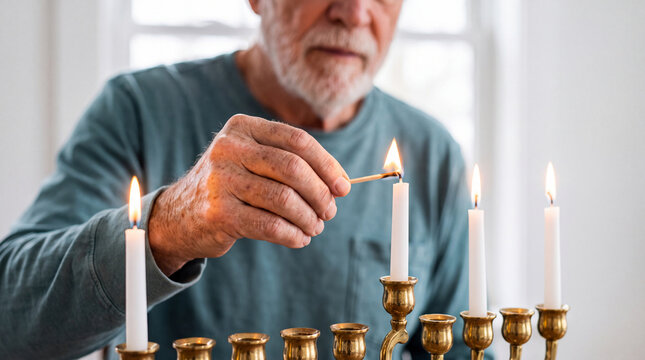 Senior man lighting menorah candles