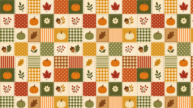Autumn patchwork seamless pattern, rustic fall harvest quilt background, orange pumpkins and maple leaves textile design