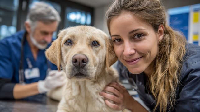 A smiling woman in scrubs holds a golden retriever while a male veterinarian works in the background.