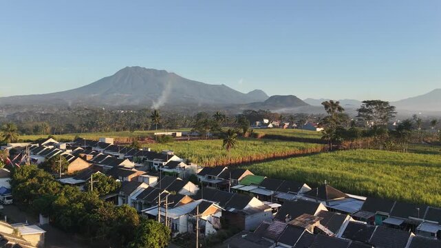 Aerial View of Residential Houses and Sugarcane Fields with Mountain Backdrop at Morning