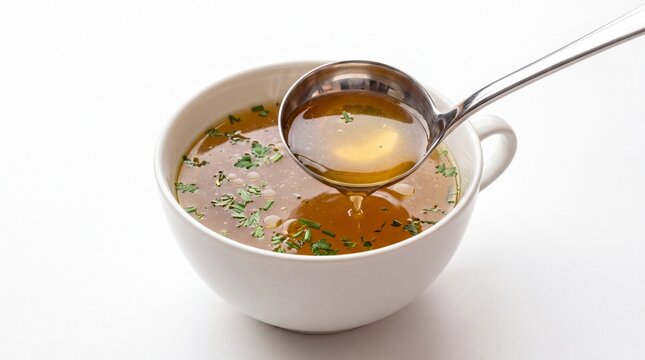 Hot savory golden bone broth served in a white porcelain bowl with metal ladle and fresh green herbs on white background