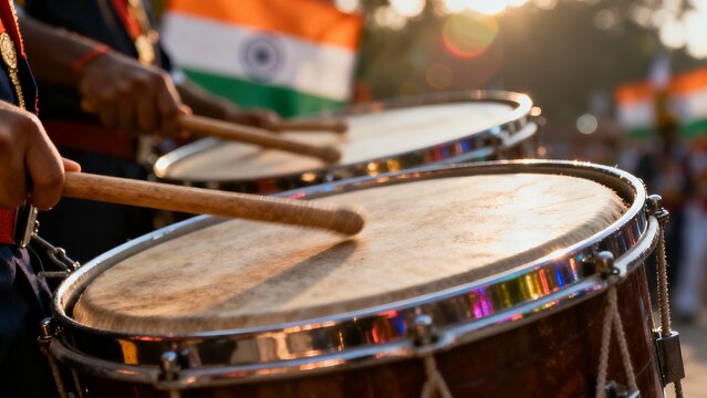 Indian Independence Day parade drummers performing with Indian flags at sunset, vibrant patriotic celebration ideal for cultural events, national holiday and travel campaigns