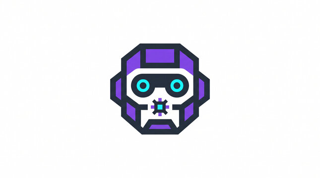 Geometric octagonal robot head vector logo in purple and cyan colors, ideal for artificial intelligence, automated chatbots, tech support, cyber security, and machine learning.