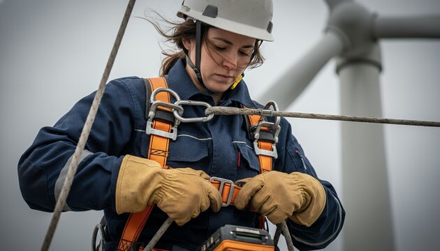 Female wind turbine technician adjusting safety harness during industrial inspection and maintenance service at sustainable renewable energy wind farm