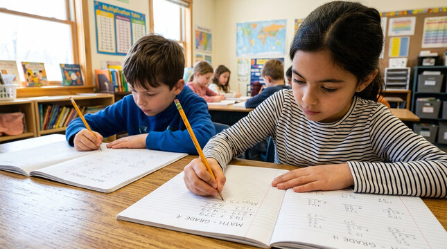 Elementary students working on math problems in a classroom