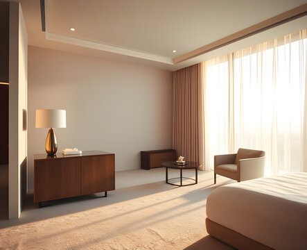 Chambre &eacute;l&eacute;gante aux tons chauds avec rideaux en lin, commode en bois fonc&eacute; et fauteuil confortable dans une lumi&egrave;re douce et chaleureuse d'int&eacute;rieur