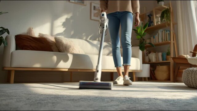 Housewife vacuuming the floor in a bright and modern living room during daily housekeeping chores