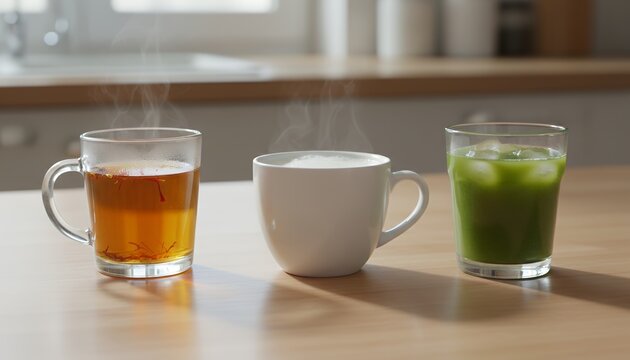 Three healthy morning drinks including steaming saffron tea, hot latte, and iced matcha green tea served on a wooden counter for cafe menu and wellness lifestyle concepts