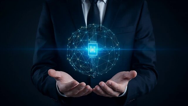 Businessman holds a glowing digital globe with a central network icon to represent global connectivity.