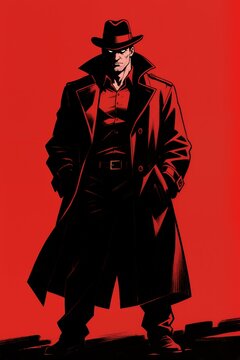 Mysterious Noir Detective in Fedora and Trench Coat on Bold Red Background, Dramatic Crime Thriller Illustration for Mystery, Investigation and Suspense Concepts