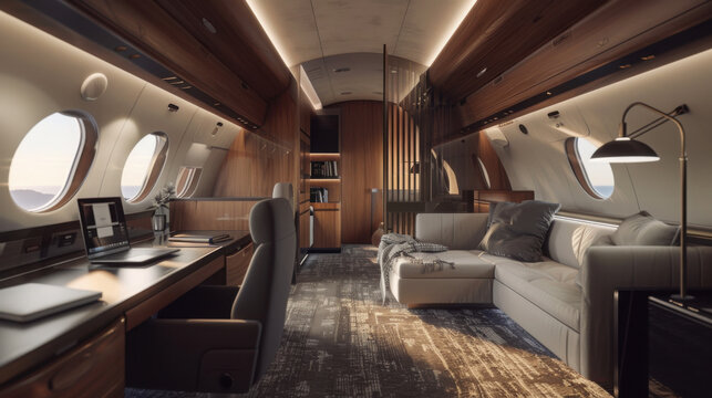 Luxury private jet interior with seating area and workspace in warm ambient lighting