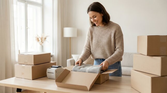 Smiling female entrepreneur packing folded knitwear order into cardboard shipping box with label printer at home office desk, running small e-commerce business