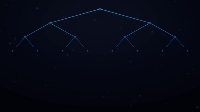 Growing Animated Binary Tree Structure Expanding With Blue Lines And Dots On A Dark Blue Background